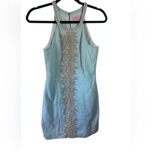 Lilly‎ Pulitzer Pearl Shift Dress In Whisper Blue and Gold Accent Size 4 Preppy